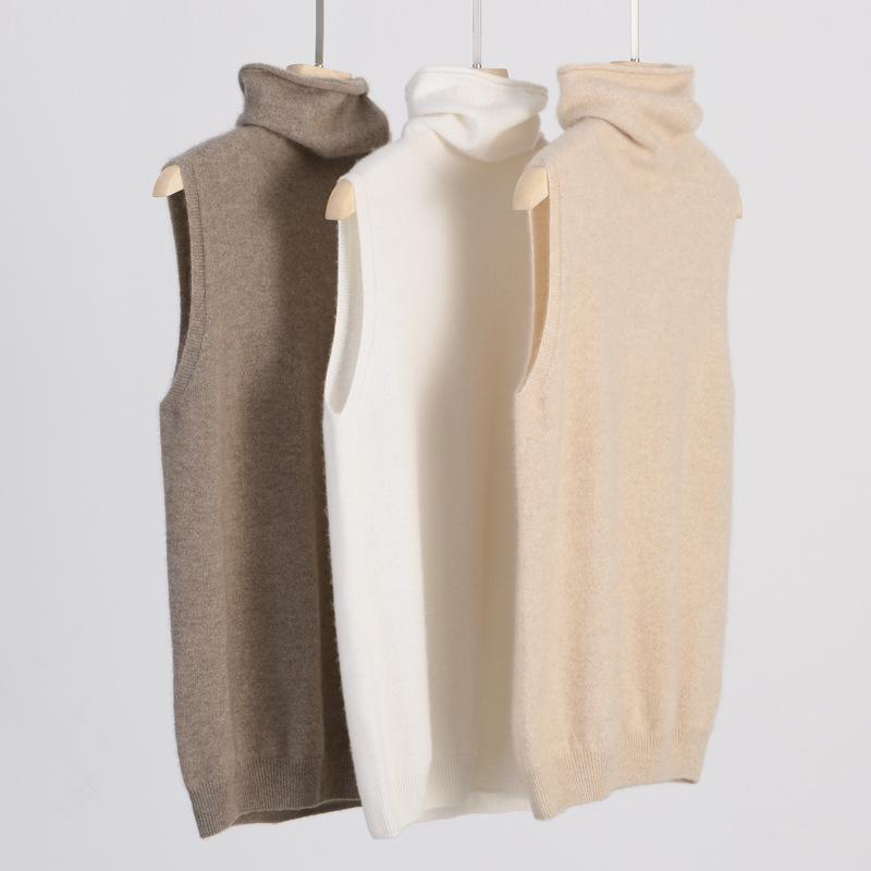 Women 100% Merino Wool Sleeveless Pullovers Turtleneck Sweater Waistcoat Wool Knitwear Spring Autumn Winter Fashion Vest Tops