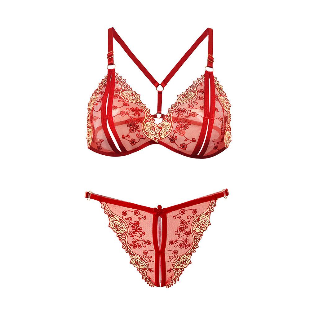 Women Floral Embroidory Underwear Set Sexy Lace Erotic Lingerie Female Bra And Brief Transparent Sensual Push Up Panty Patchwork