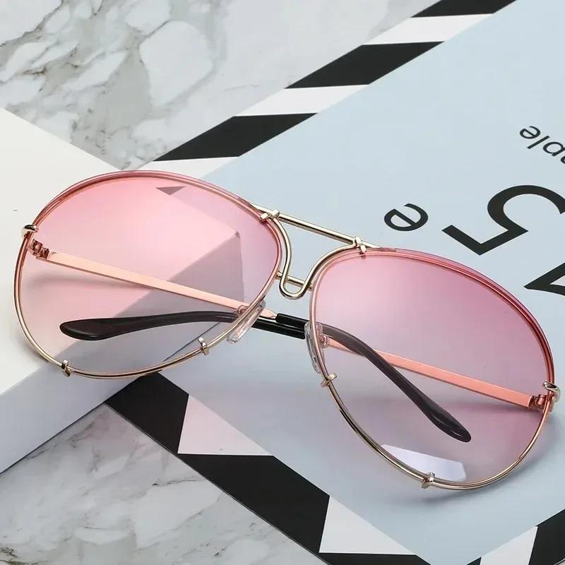 Vintage Rimless Alloy Aviation Pilot Sunglasses for Men Women Brand Gradient Sun Glasses Female Metal Oval Shades Black Brown