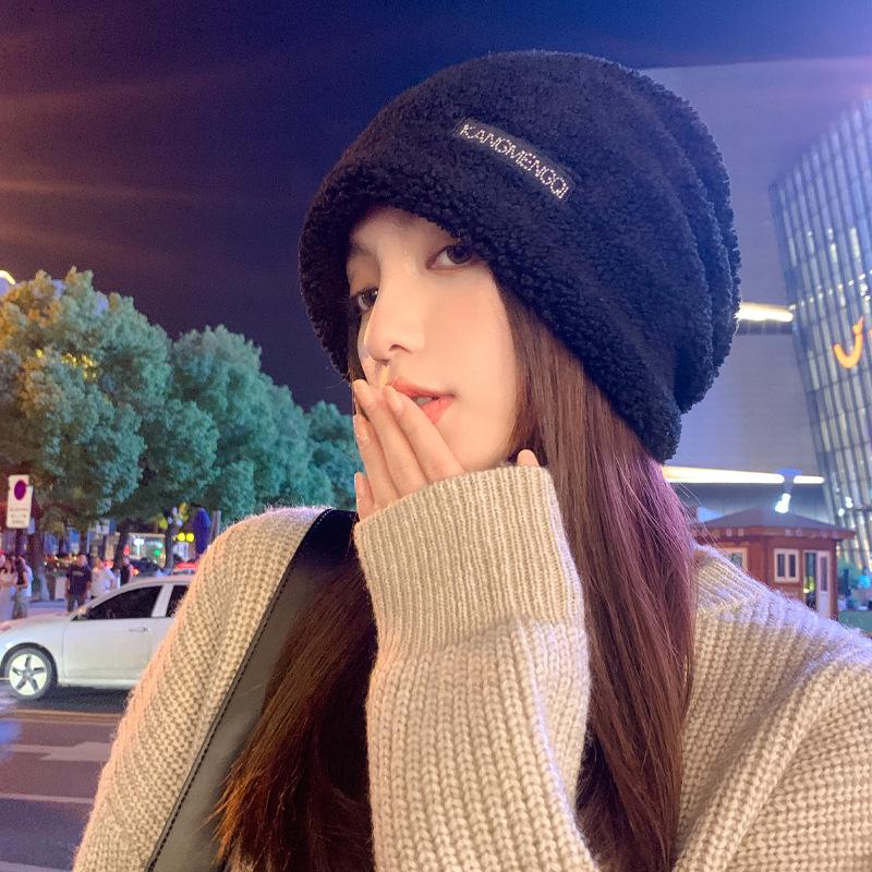 Women's Plush Black Knit Hat - Versatile for Spring and Autumn, Large Head Circumference, Stylish and Warm for Winter.