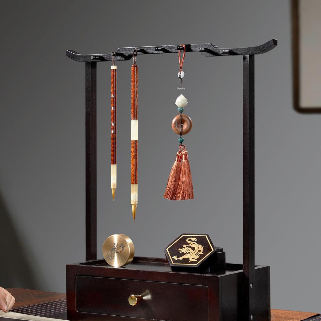 New Chinese Style Solid Wood Calligraphy Brush Holder and Tray: Four Treasures of the Study Display and Storage Rack.