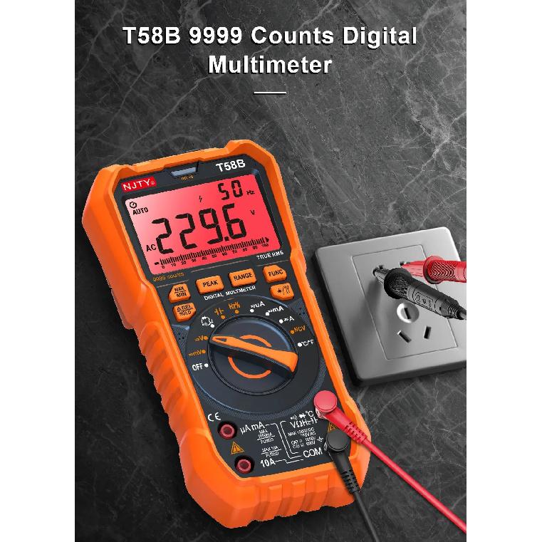 NJTY T58B T58C Inductance Digital Multimeter AUTO Range 9999 Counts Voltage Current Capacitance LED Smart Backlit Large Screen