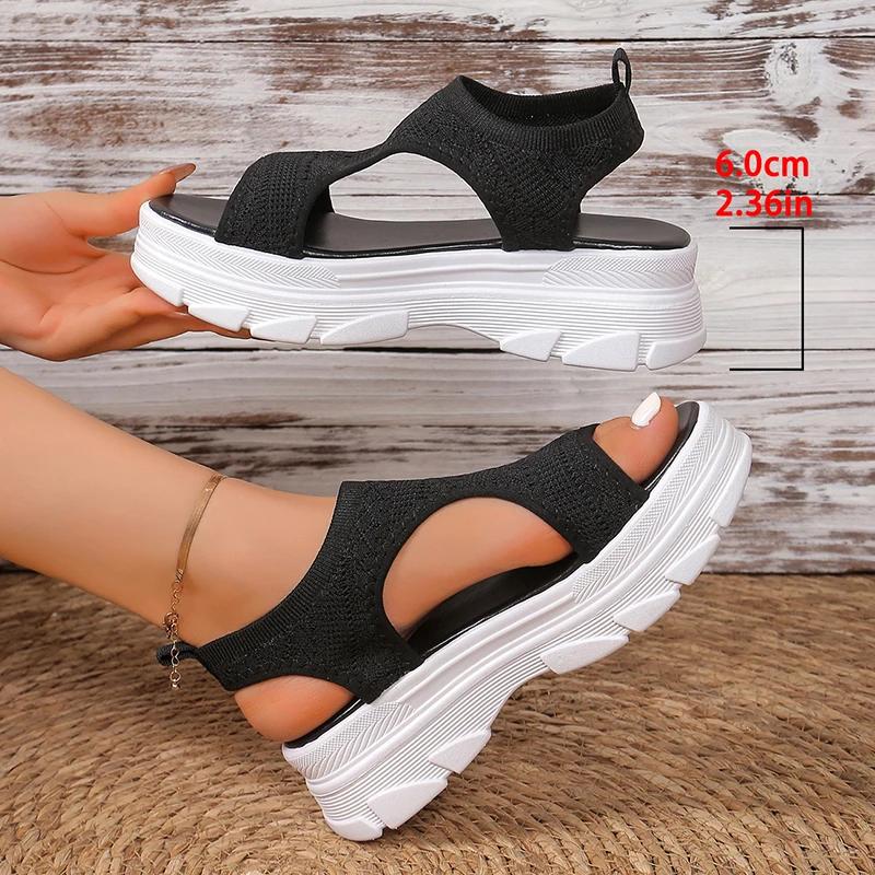 Fashion Hollow Out Knit Platform Sandals for Women 2025 Summer Fashion Breathable Sports Sandals Woman Thick Sole Non Slip Walking Shoes