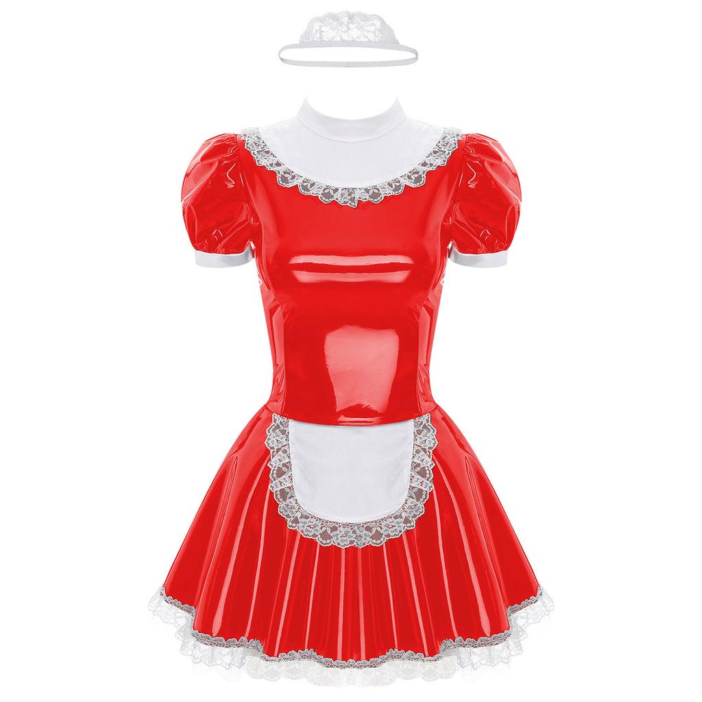 Damen Glänzendes Lackleder Dienstmädchenkleid Spitze Stirnband Rüschen Spitze Schürze Puffärmel Kleid