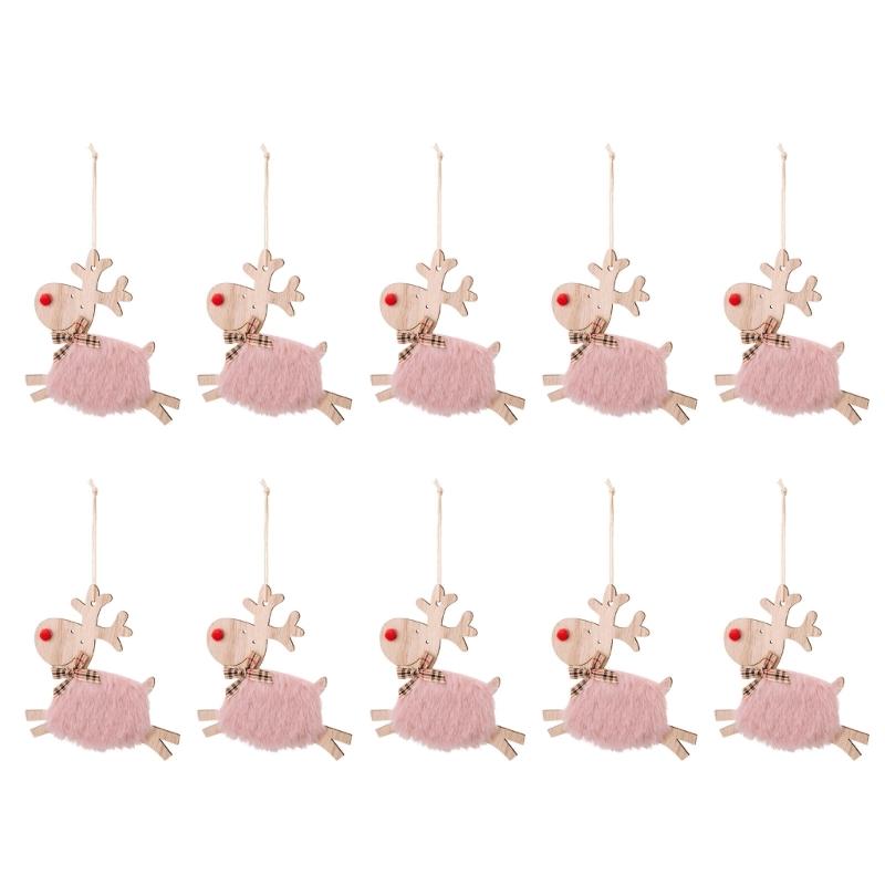 

Pack of 10 Wood Crafted Christmas Ornament Holiday Tree Fireplaces Showcases Decorations with Hanging Rope Accessory рожевий