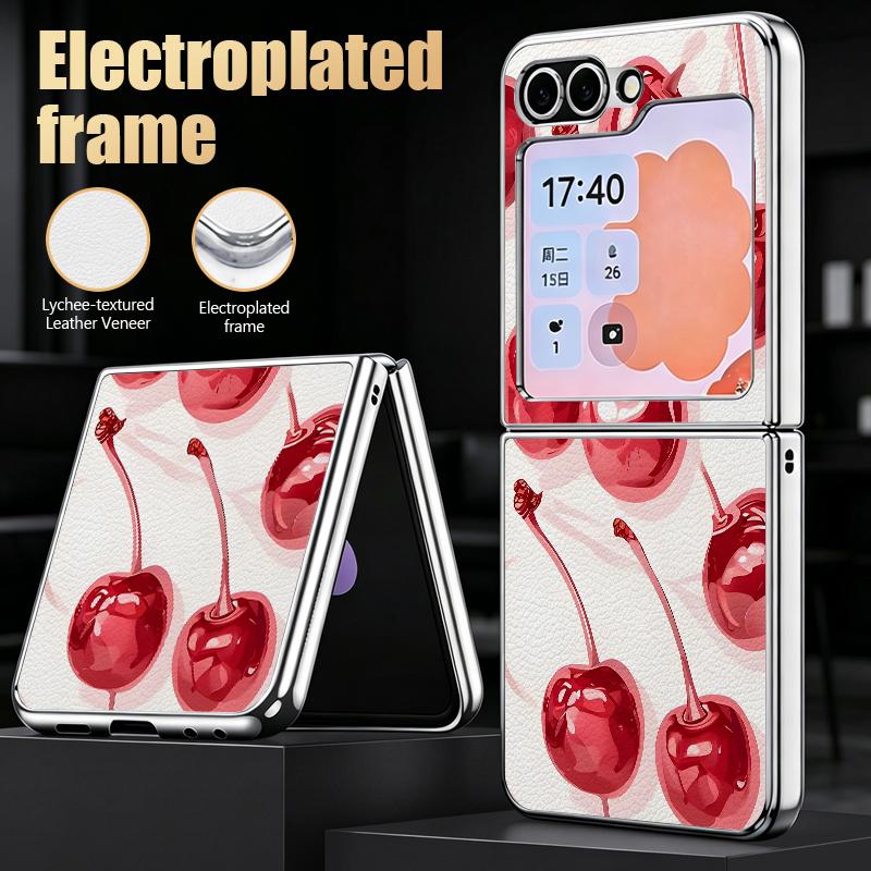 Polka Dot Cherry Print Case For Samsung Z Flip 8 7 6 5 Luxury Plating Leather Skin Folding Phone Cover For Galaxy Z Flip8 Flip7 Flip6
