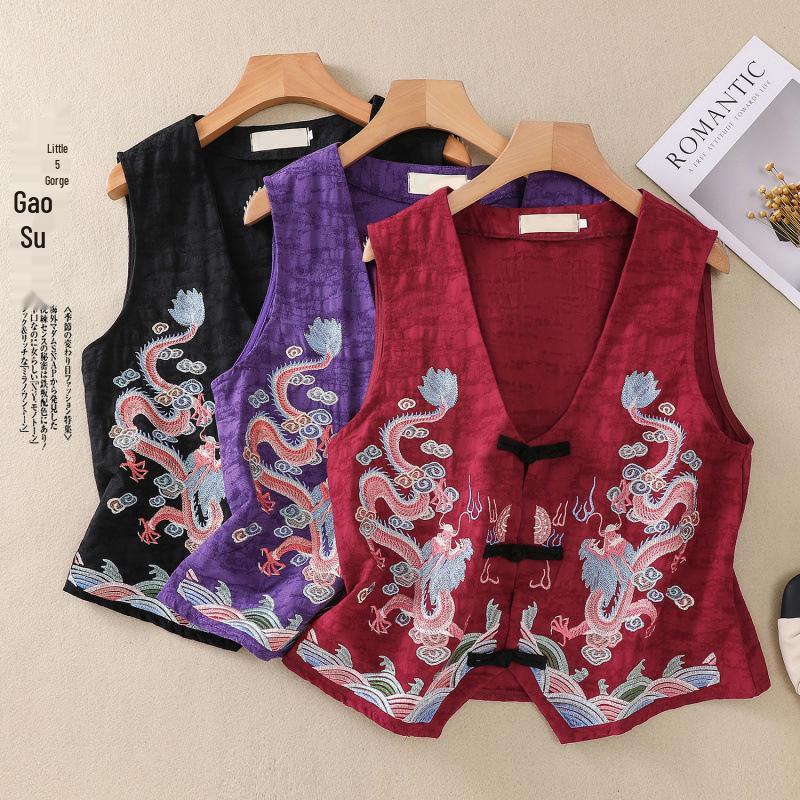2026 Spring/Summer Retro Ethnic V-neck Embroidered Cotton Linen Sleeveless Vest for Women