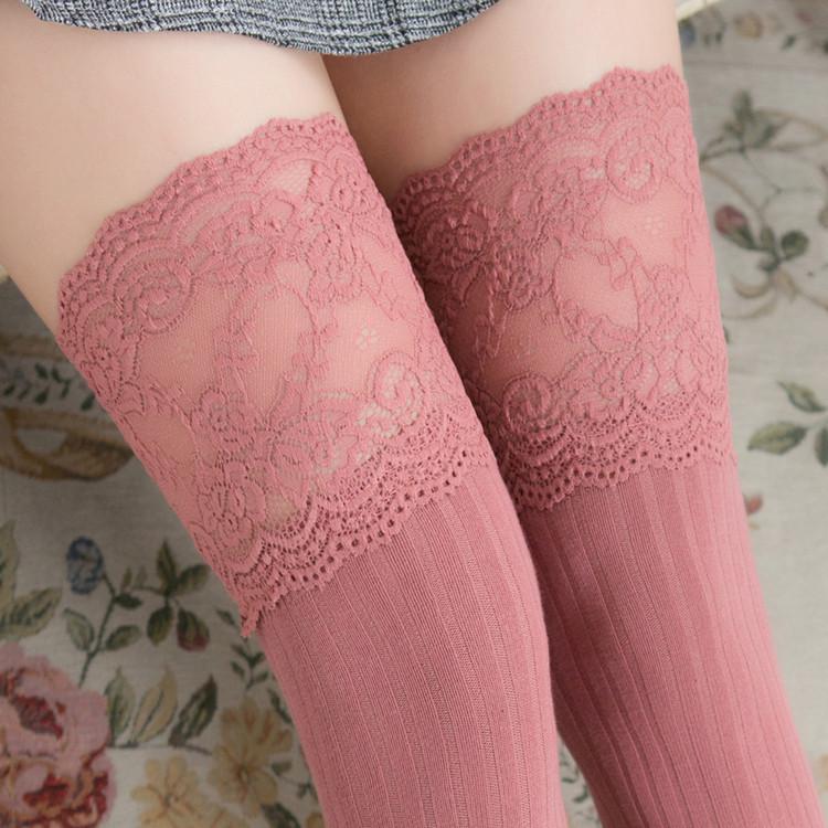 Japanese Lace Trim Vertical Stripe Over-the-Knee Anti-Slip Socks