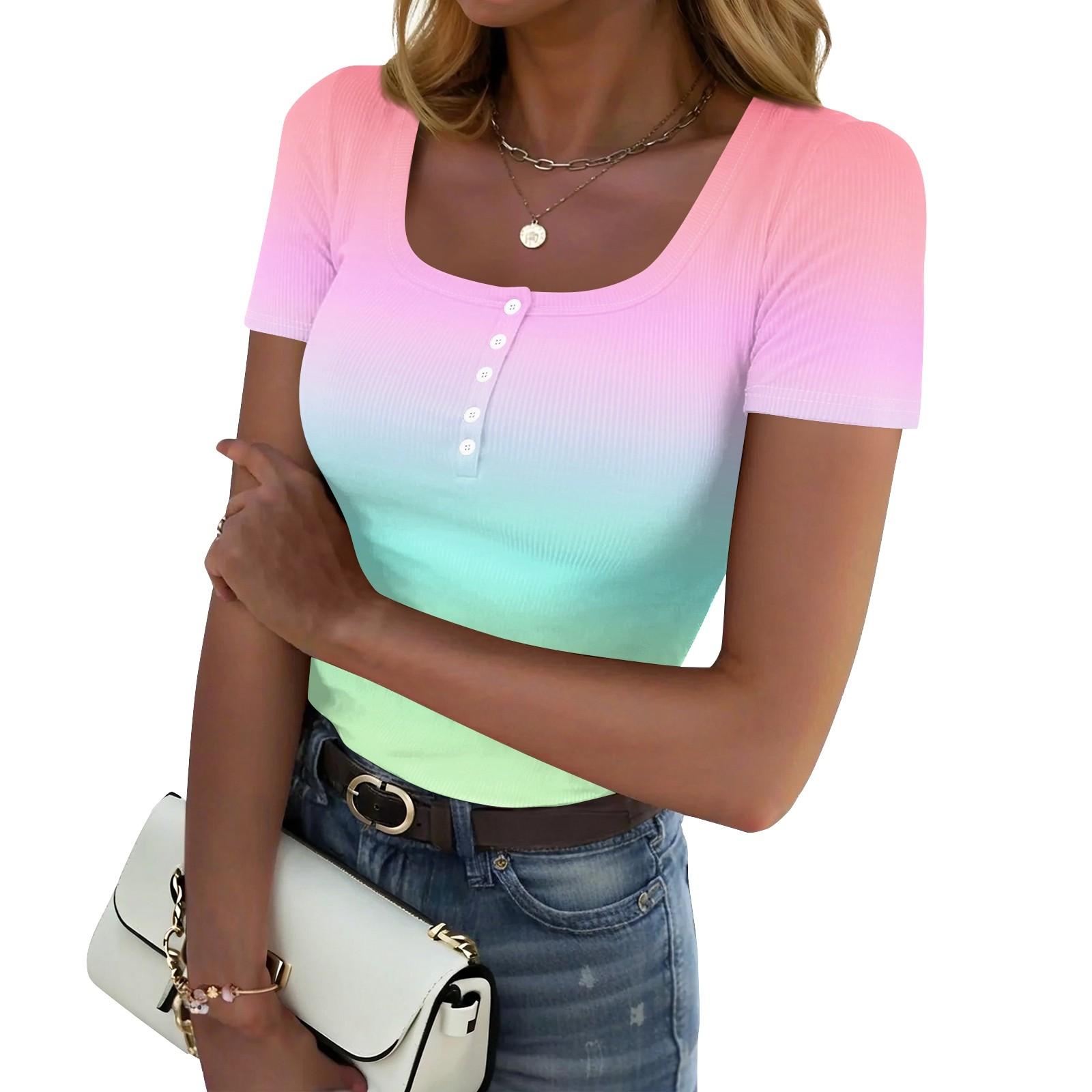 Women s Summer Fashion Tops Short Sleeve Square Neck Button Fashion Casual Gradient Color Ribbed Knit Shirt S