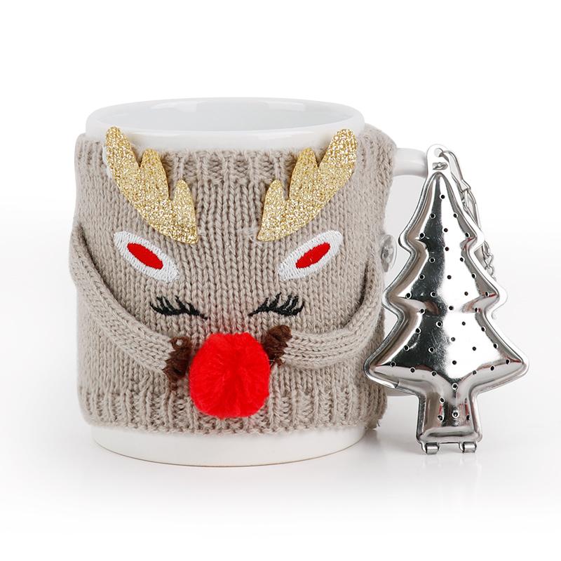 Christmas Ceramic Mug with Knitted Santa Sleeve & Tree Tea Infuser Festive Tea Cup Set Xmas Gift for Tea Lovers