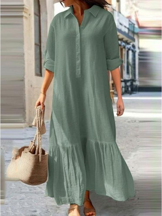 European & American Cotton Linen Irregular Long Casual Dress with Twist Button & Shirt Collar