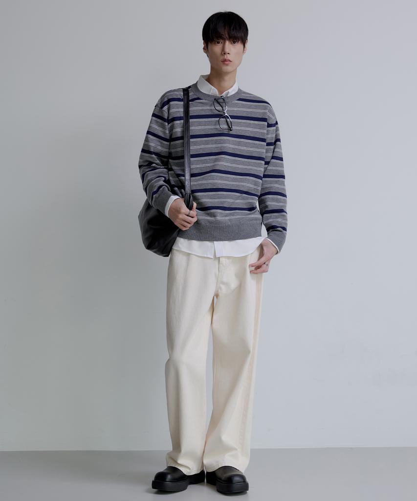 NODU Triple Stripe Semi-Crop Knit [Gray]