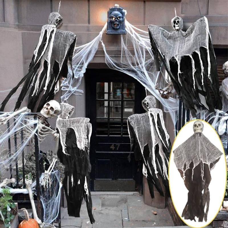 Läskig Halloween-dekoration Hängande spökskalle med gasväv För spökhus Läskig rekvisita