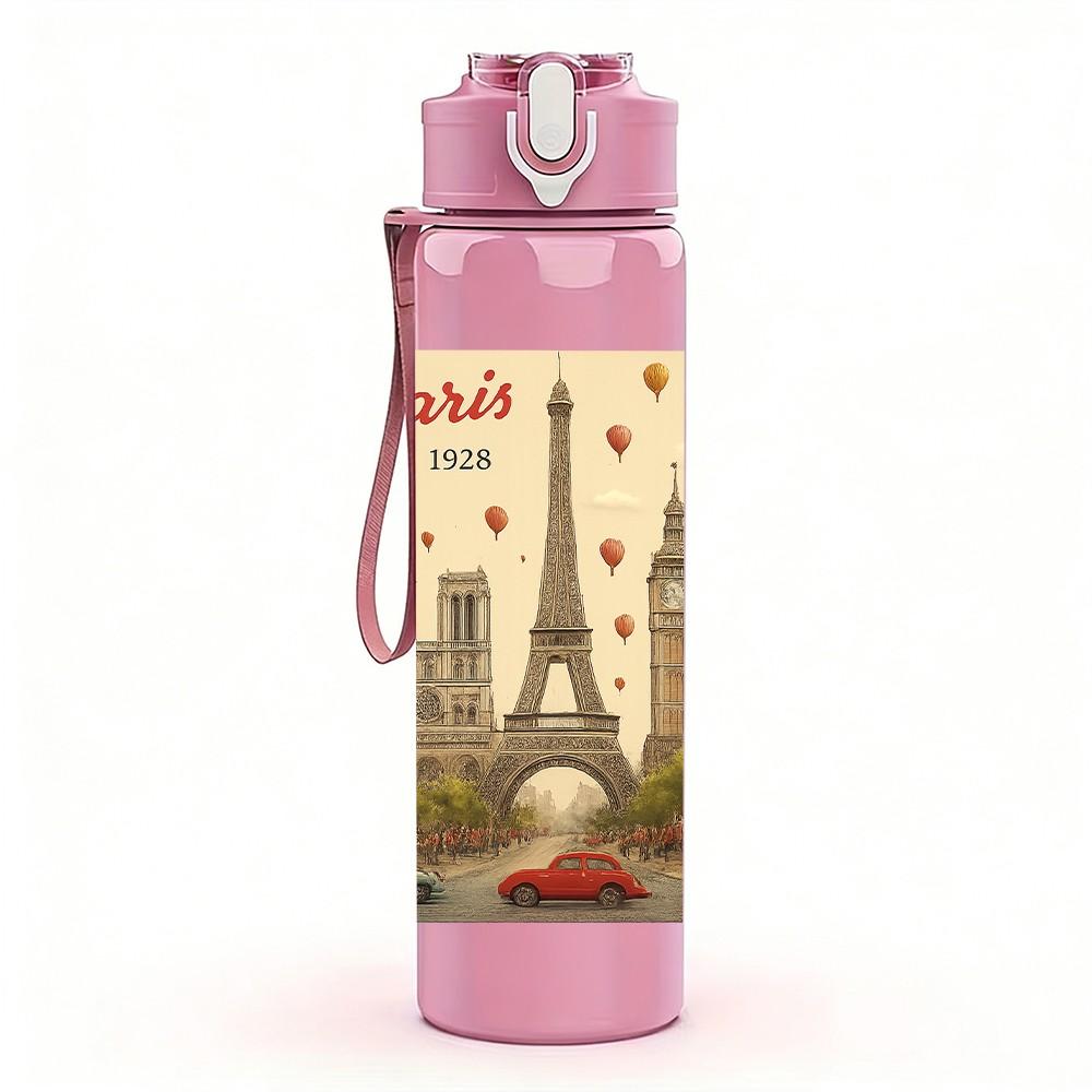 1PC Paris Eiffel Tower Retro Card 750ml Color Plastic Sports Water Bottle Leakproof Flip Straw Lid For Sports Office Home Use