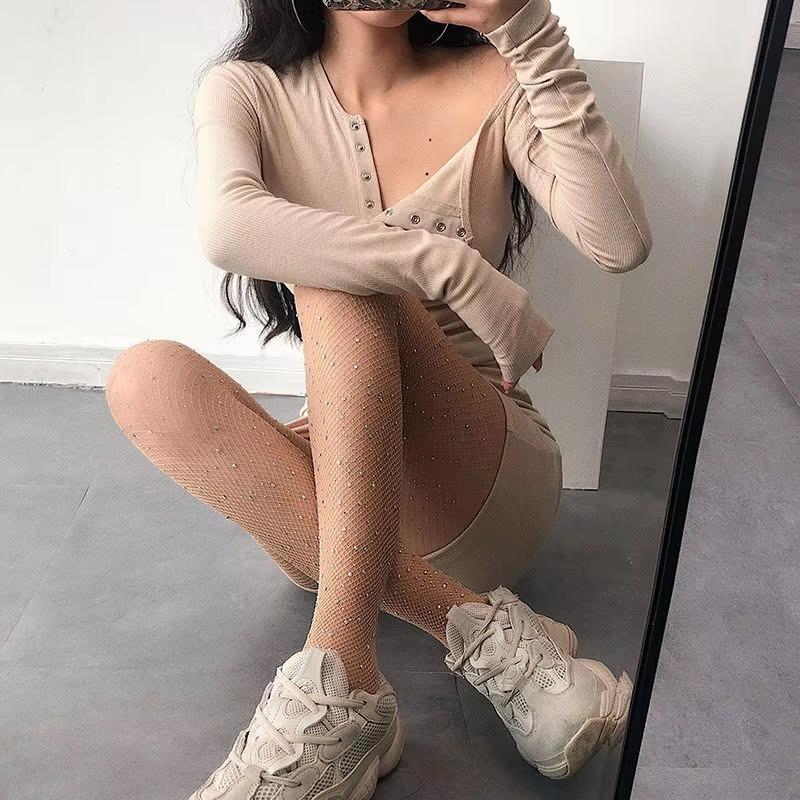Shiny Rhinestone Thigh High Stockings Women Tights Lingerie Female Sexy Bling Nightwear Black Tights Mesh Fishnet Stockings