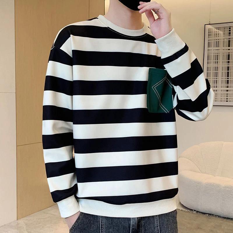 Jesień Nowy Pasiasty T-shirt z Długim Rękawem Męski Młodzieżowy Wersja Koreańska Bluzy Moda Wszechstronny Przystojny Sweatshirt