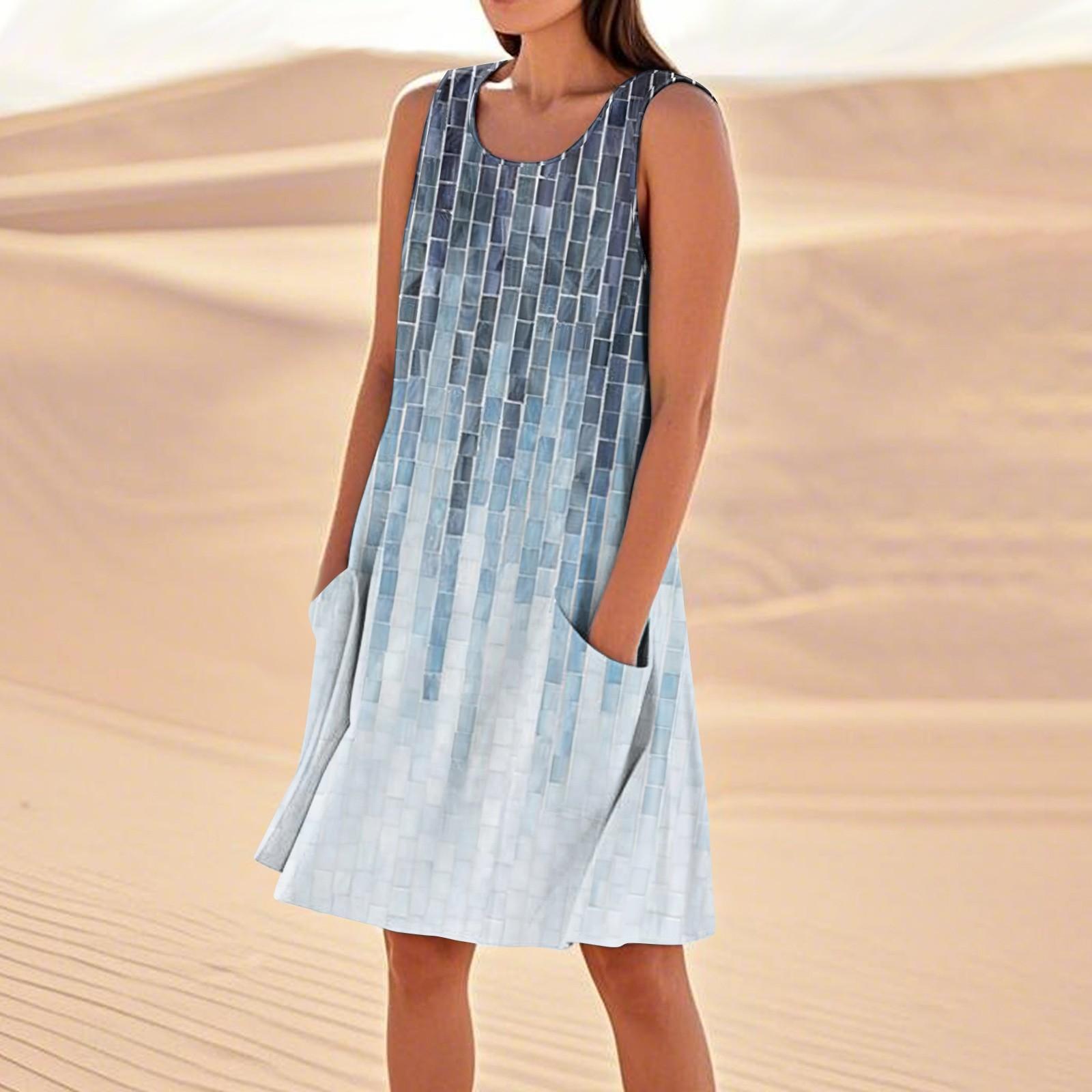 

Летние платья для женщин, свободные пляжные повседневные сарафаны без рукавов с карманами, платье-майка XXL синий