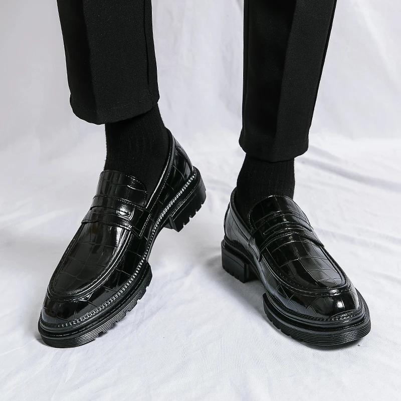 Black Loafers for Men Brown Stone Pattern Men's Formal Shoes Business Handmade Pu Leather Size 38-46