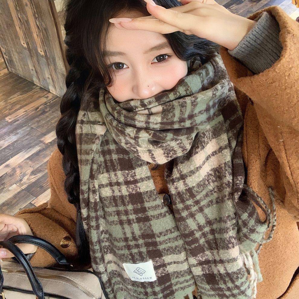 Mohair plaid scarf women's winter sea salt milk coffee blue thickened atmosphere warm student shawl scarf