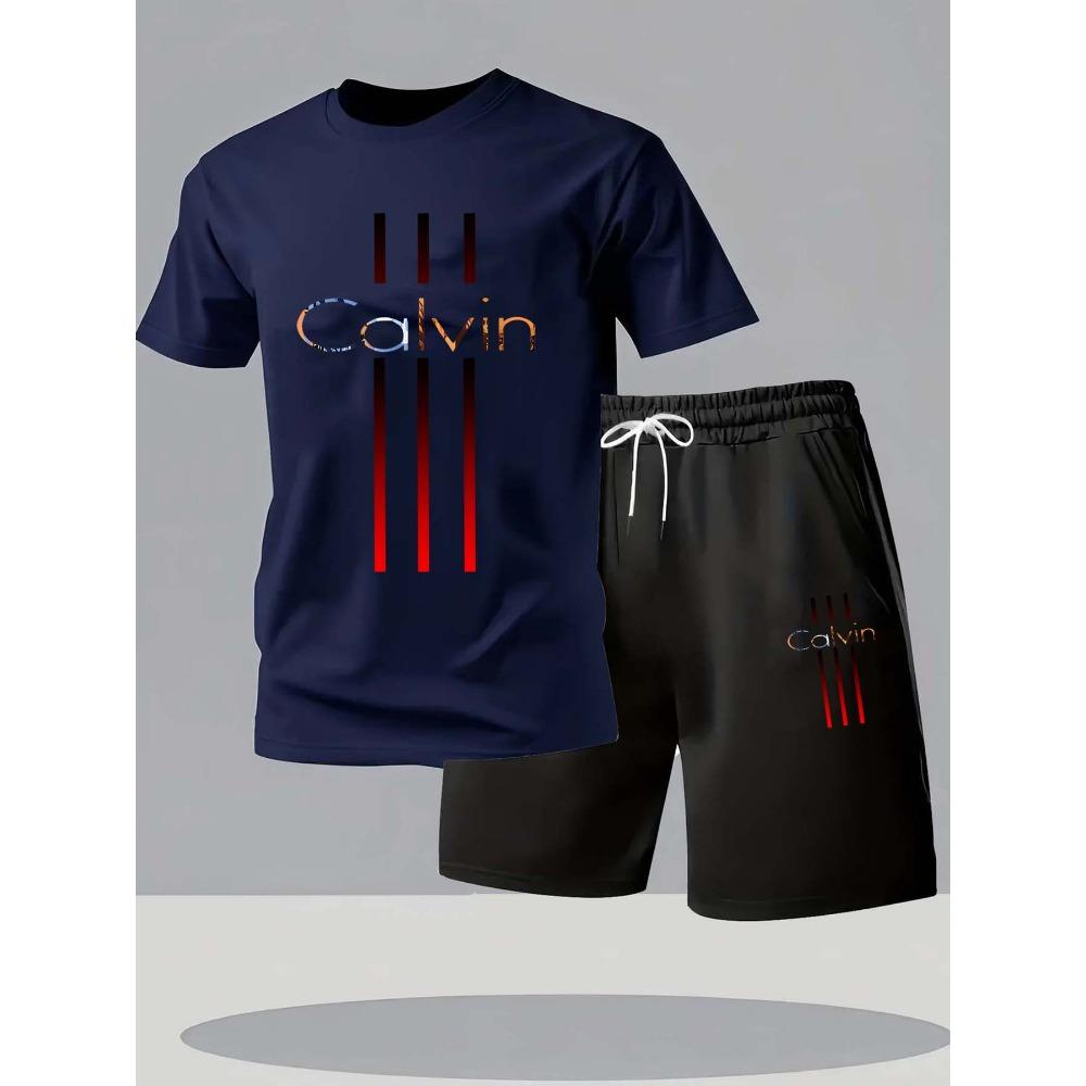 Set T-shirt e pantaloncini da uomo estate casual larghi e alla moda stampa lettera Calvin T-shirt a maniche corte con scollo rotondo comoda