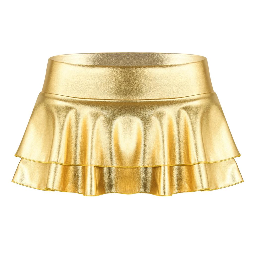 Women Low Rise Double Layered Ruffled Skirt Shiny Metallic Mini Skirt for Rave Party