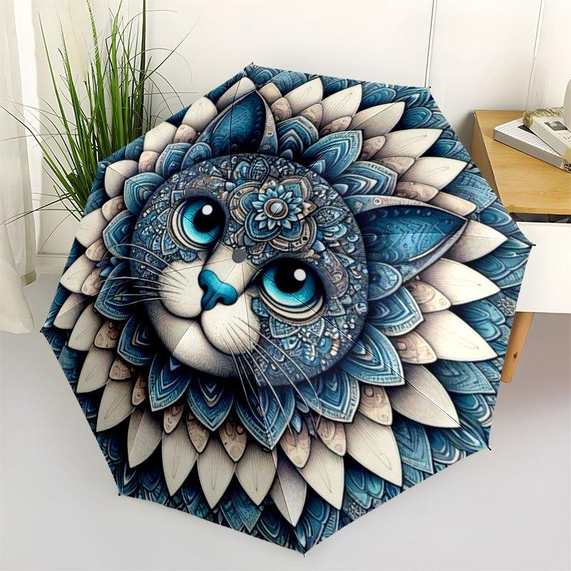 Mandala Cat Face Art Print: Blue Eyes,Floral Design Wall DecorUmbrella with Cute Design,Portable 3-Fold Compact Umbrella for Men&Women,Valen