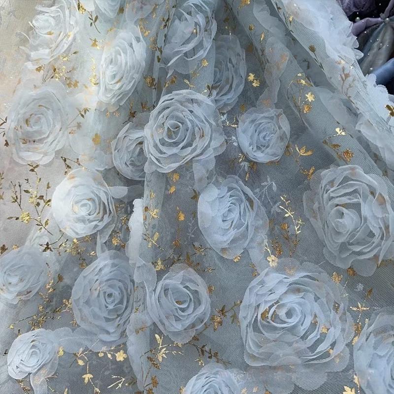 1 Yards 3D Lace Rose Flower Embroidery Hot Stamping Tull Lace Fabric For Diy Sewing Apparel Wedding Dress Performance Costume