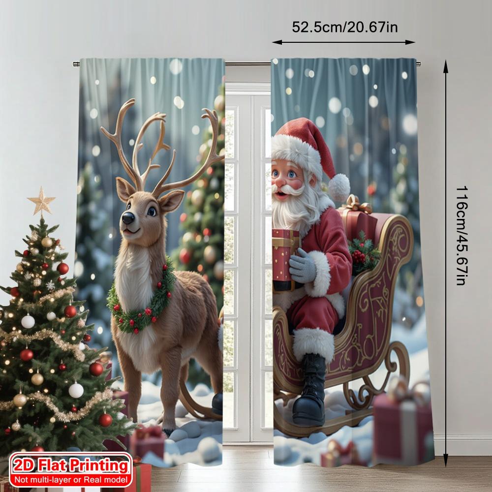 2pcs 2D flat printing Merry Christmas Popular Party Window Curtains Santa Claus Sleigh Gifts Deer Polyester Without Electricity