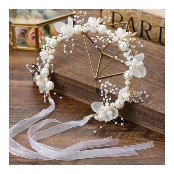 YFFSFDC Flower Hairband with Pearls and Ribbons, Bridal Wedding Hair Accessories for Ceremonies, Photoshoots, Girls - Adjustable, Flexible,