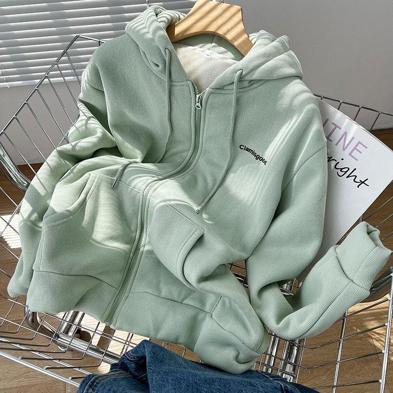 Hooded Cardigan for Women Velvet Thick Plush Fleece Coat Zipper Embroidered Letters Preppy Style Sweatshirt Korean Top Clothes