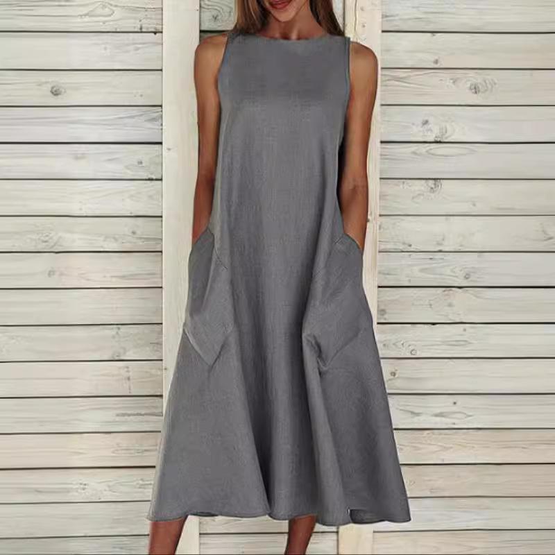 Sommer Damen Locker Baumwolle Leinen Einfarbig Ärmellos Rund Gebunden Tasche Lässiges Kleid