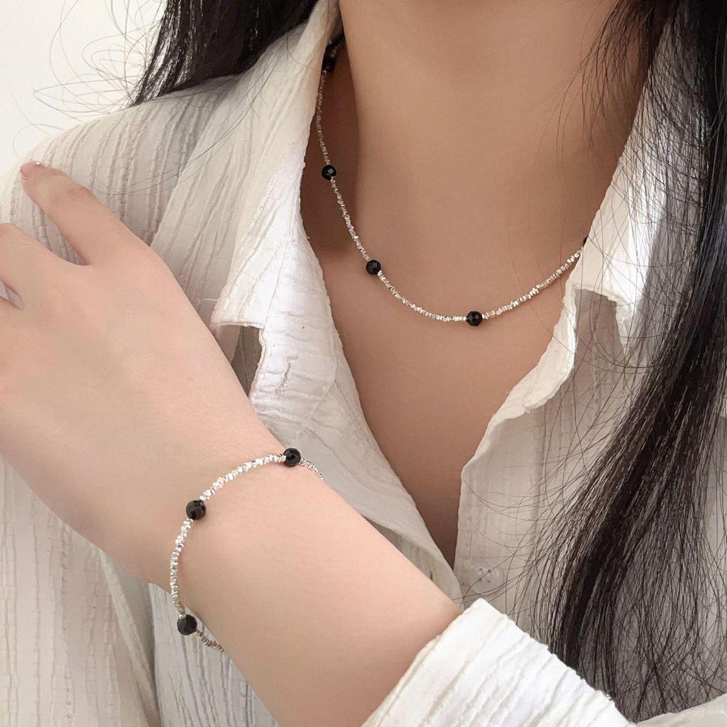 S925 Sterlingsilber Schwarzer Achat Perlenkette Set - Herbst/Winter Choker