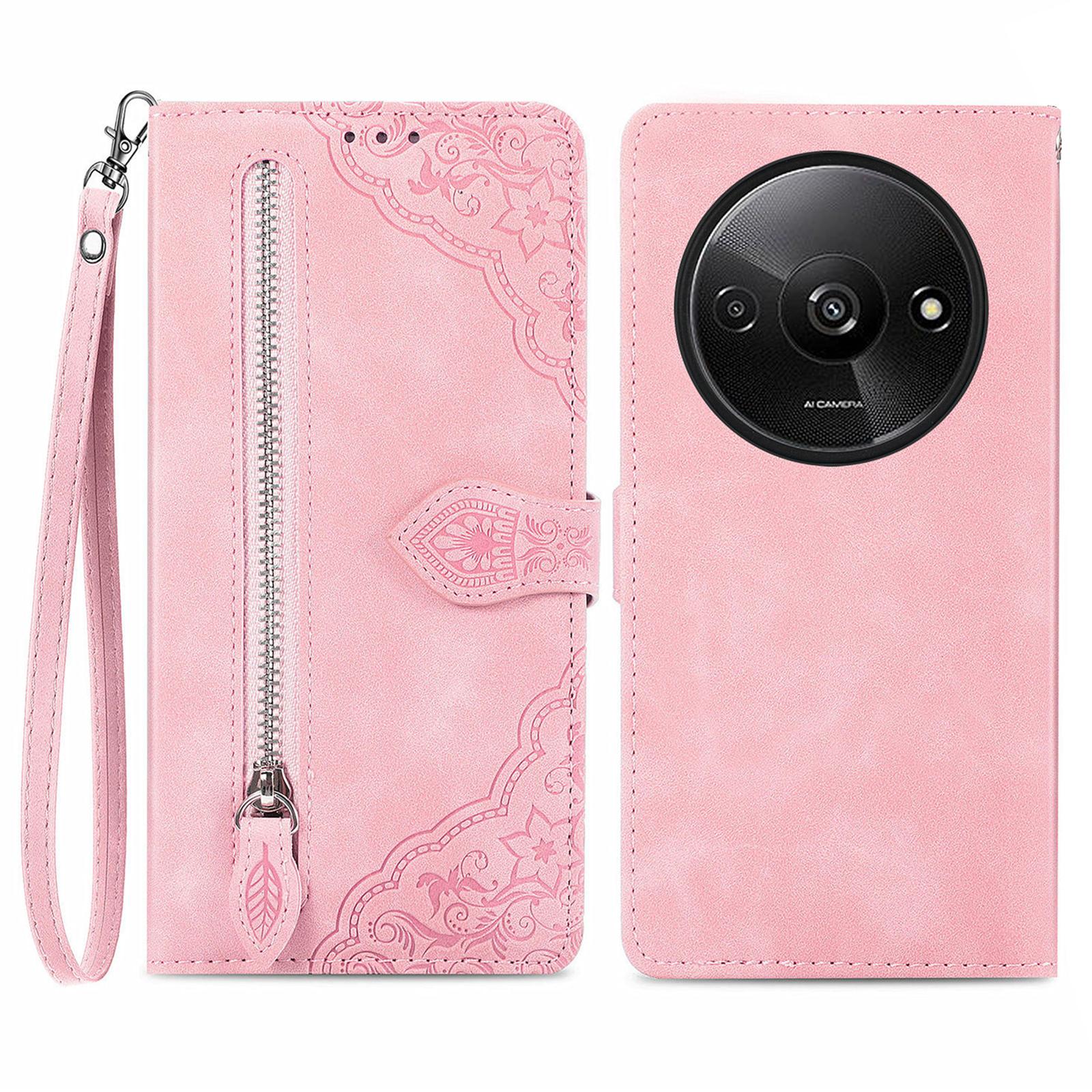 

Чехол-кошелек на молнии для Xiaomi Redmi A3/Poco C61 4G с ремешком, с цветочным тиснением, из искусственной кожи, чехол для телефона Pink