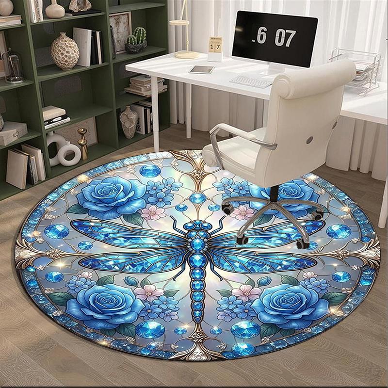 Stained Glass Dragonfly Art Round Carpet Chair Cushion Round Entryway Rug, Soft Round Rugs for Living Room, Bedroom, Circle Carpet Decor Gifts