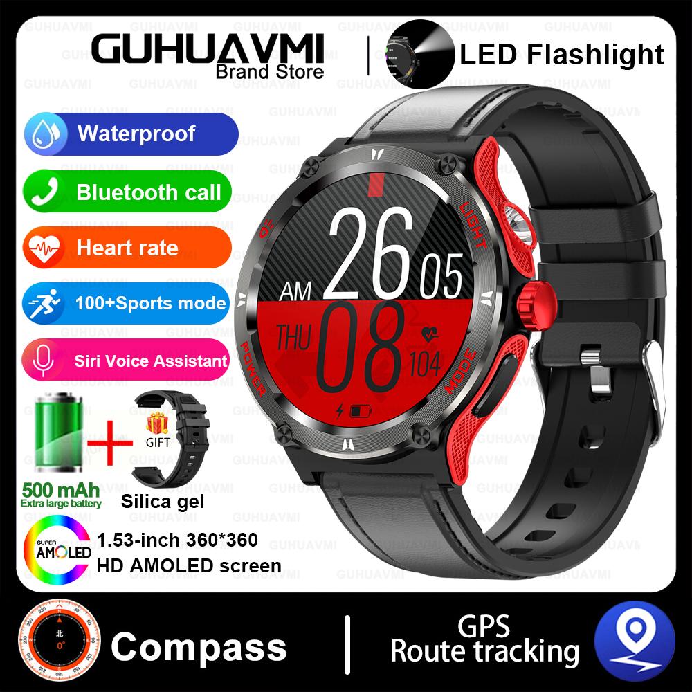 Outdoor Military Smart Watch Men LED Strong Light AMOLED Screen Heart Rate Compass Bluetooth Call 3ATM Waterproof Smartwatch
