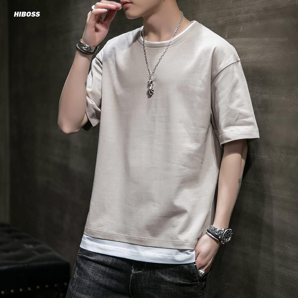 Hiboss Herren Kurzarm T-Shirt, Einfarbig, Lagenlook, Lockere Passform, 5/8 Ärmel, Sommerbekleidung, Khaki, Größe M