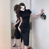 Chinese retro buckle improved cheongsam skirt children's high-end black dress summer waist split hip skirt