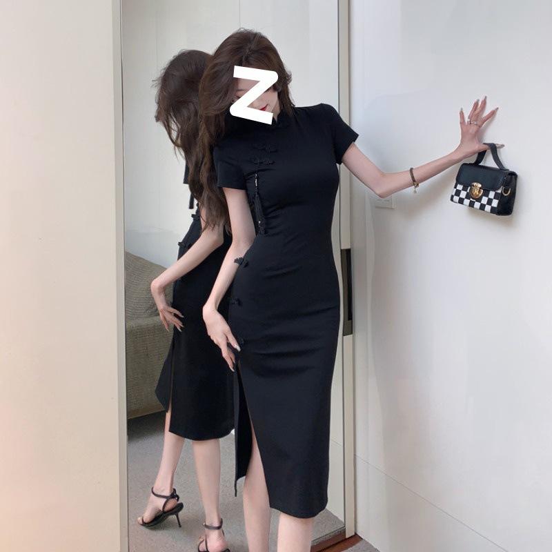 Chinese retro buckle improved cheongsam skirt children's high-end black dress summer waist split hip skirt