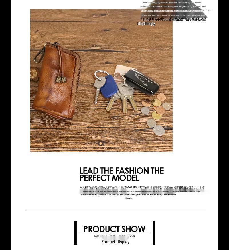 Men's Retro Genuine Leather Waist Key Holder: Large Capacity Cowhide Bucket Bag with Multifunctional Zipper Pouch.