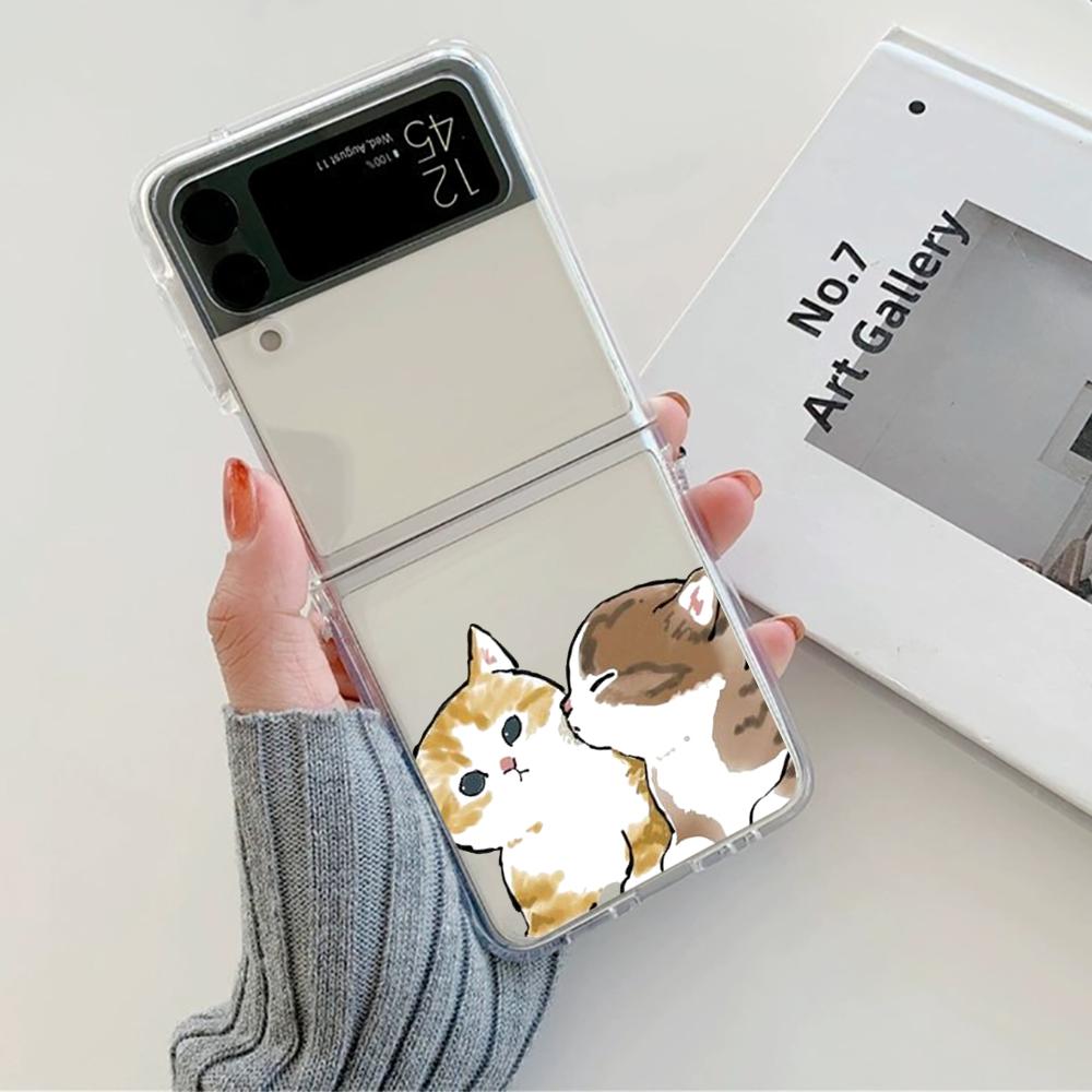 Cute Cartoon Cat Couple Phone Case For Samsung Galaxy Z Flip 6 ZFlip 5 Hard Transparent Cover for Samsung ZFlip 4 ZFlip3 ZFlip7