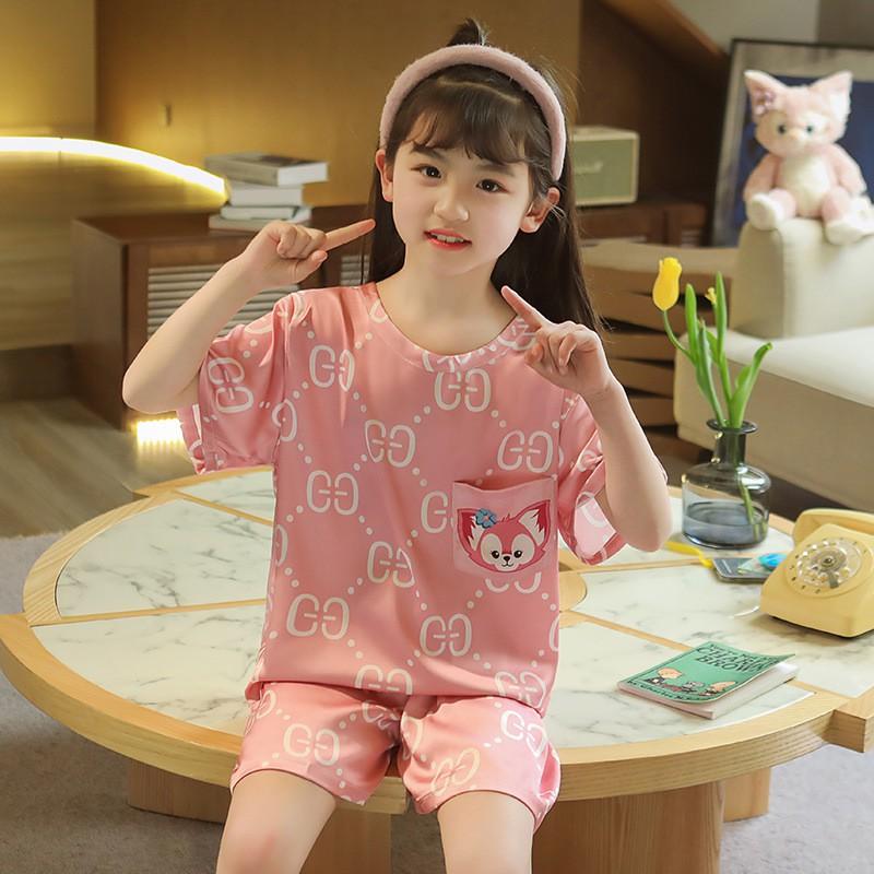 Girls Pajama Set Short Sleeve Ice Silk Sleepwear Kids 8 Years Comfortable Cartoon Print Home Wear