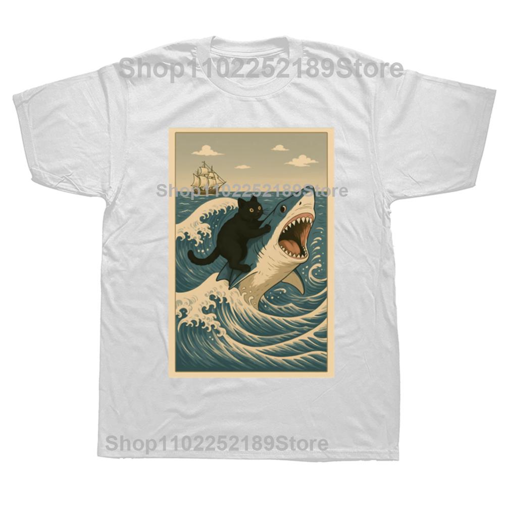 Funny Cat Riding Shark Meme Art Wave Graphic T-shirts Men Women's Fashion Casual Tshirt 100% Cotton Loose Oversized T Shirt