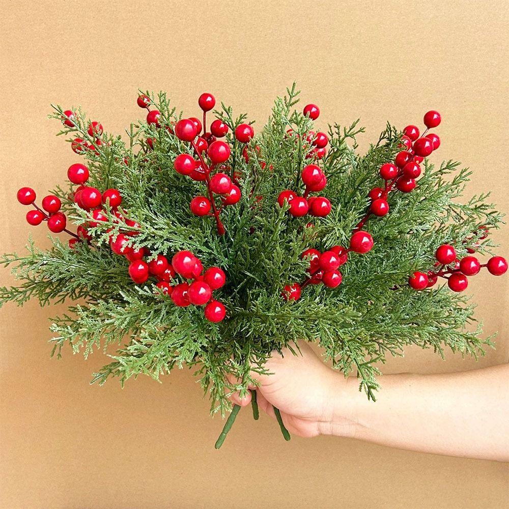 Red&Green Artificial Pine Branches Plastic DIY Wreath Simulation Red Berry Branches Photo Props 7 Branches Christmas Pine Stem