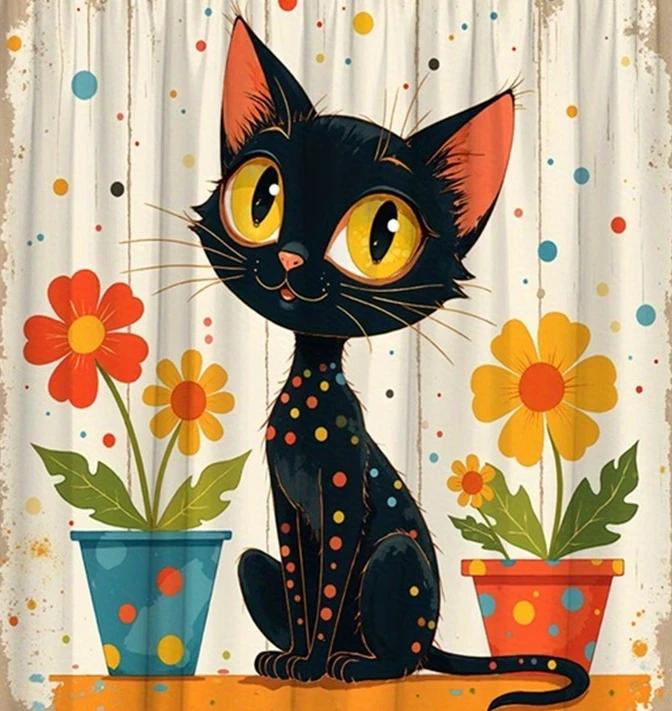 Cute Black Cat with Colorful Flowers Waterproof Shower Curtain - Modern Design for Bathroom Decor, Vibrant and Fun