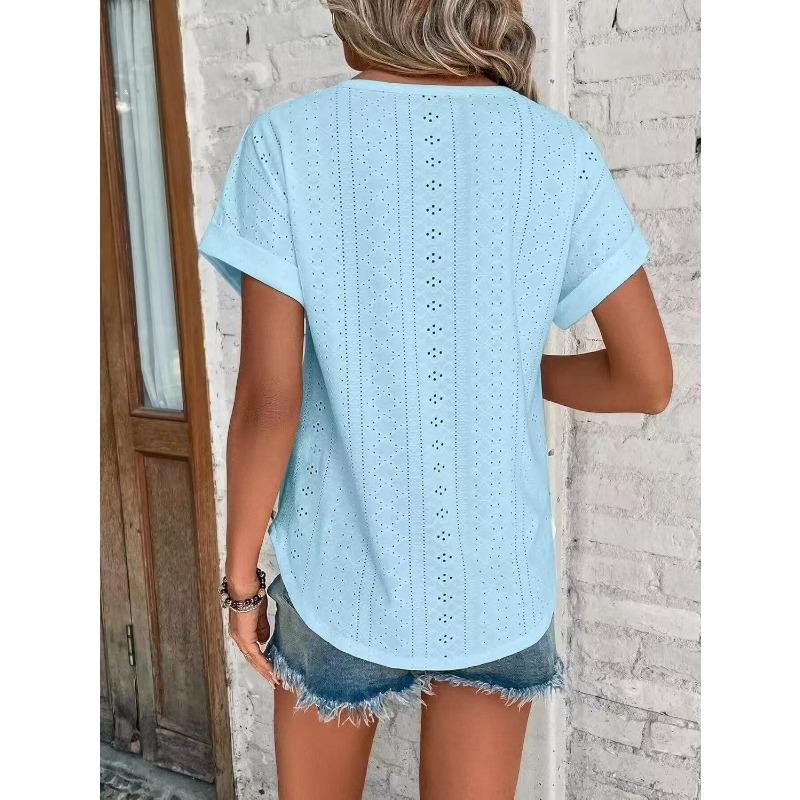 Spring and Summer Round Neck Hollow Out Women Blouse New Loose Short Sleeved T-shirt Solid Color Casual Simple Top Sweet Shirts Ladies Clothing
