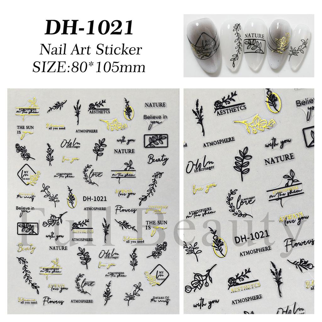 Nail Art Stickers Black Gold And Silver Line Letters Natural Plant Simple Style Adhesive Nail Stickers