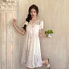 Simulation Silk Sexy Nightgown Women's Summer Thin Short-sleeved Lace Print Medium and Long Styles Can Be Worn Outside Ice Silk Nightgown Loungewear