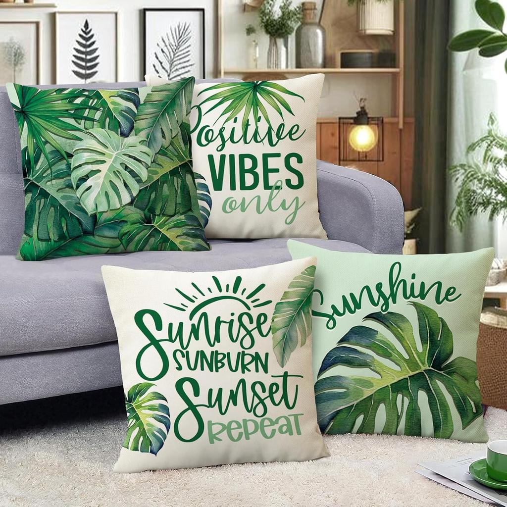 Fahrendom Monstera Palm Leaves Decorative Throw Pillow Covers 18 x 18 Set of 4, Positive Vibes Only Tropical Plant Sunshine Porch Patio Outdoor