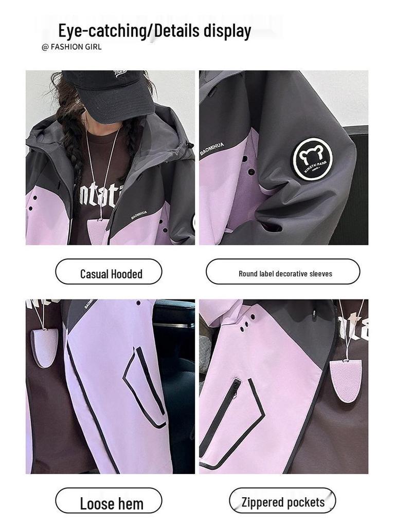 Girls' Color Block Hooded Windbreaker - Casual Spring/Autumn Jacket for Big Kids