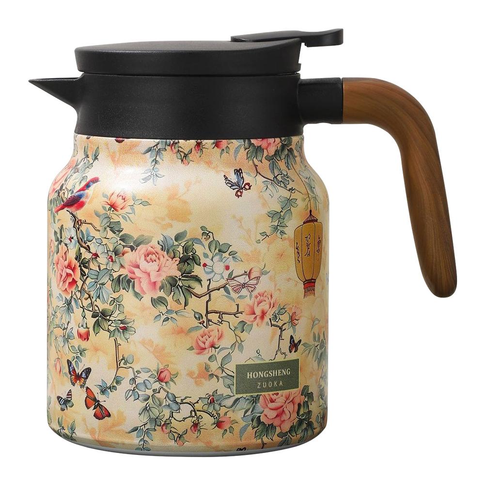 1000ml Floral Pattern Teapot Stainless Steel Insulated Tea Pot Built-in Infuser Tea Separation Water Bottle for Hot Drinks